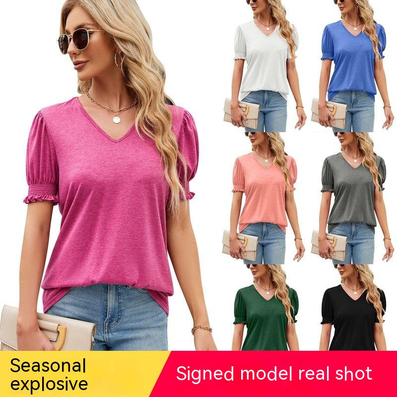 

Новая большая футболка, популярная в Европе и Америке, женская плиссированная футболка с короткими рукавами и V-образным вырезом, широкий удобный повседневный топ S-2XL