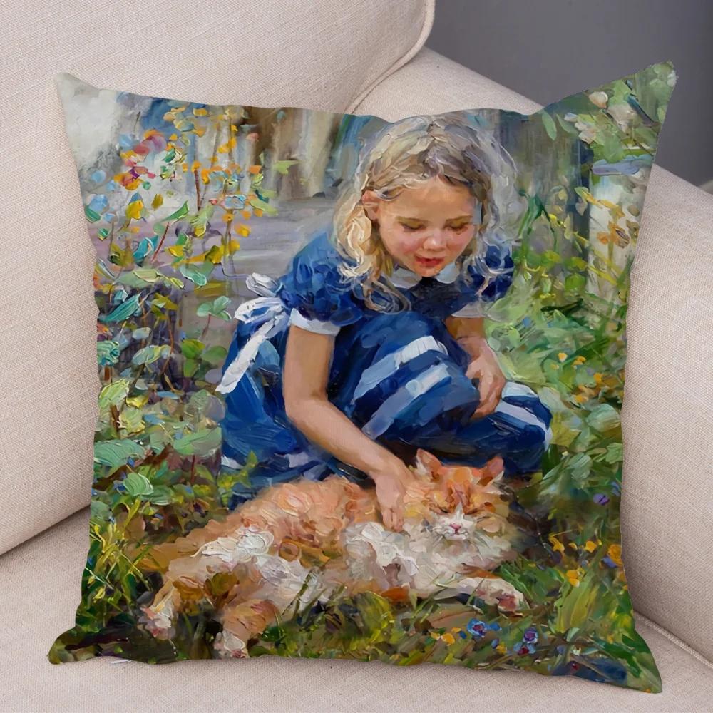 Cute Cartoon Children Cushion Cover Decor Harajuku Oil Painting Lady Pillowcase for Sofa Home Soft Plush Throw Pillow Case