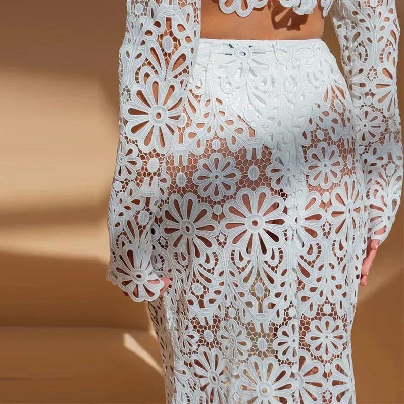 Hollow Out Se Through Tank Top Skjørt Dresser Dame Langermet Wave Cut Blonde Topper Hoftepakke Skjørt Dress Dame 2024 Damesett