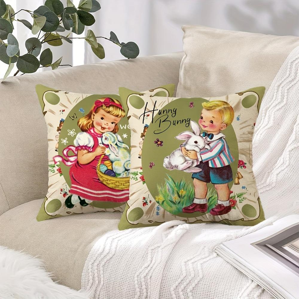 2 pieces vintage farmhouse Easter bunny throw pillowcase
