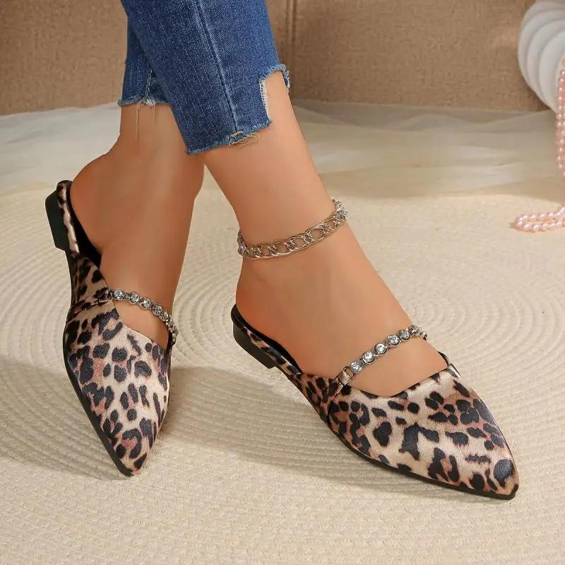Fashion Sexy Leopard Pointed Toe Slippers Women 2025 Summer Suede Flat Heels Shoes Women Crystal Chain Slip On Black Daily Shoes