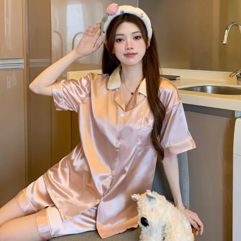 Women's Summer Short Sleeve All-Over Print Heart Ice Silk Pajama Set - Sweet & Wearable Outside