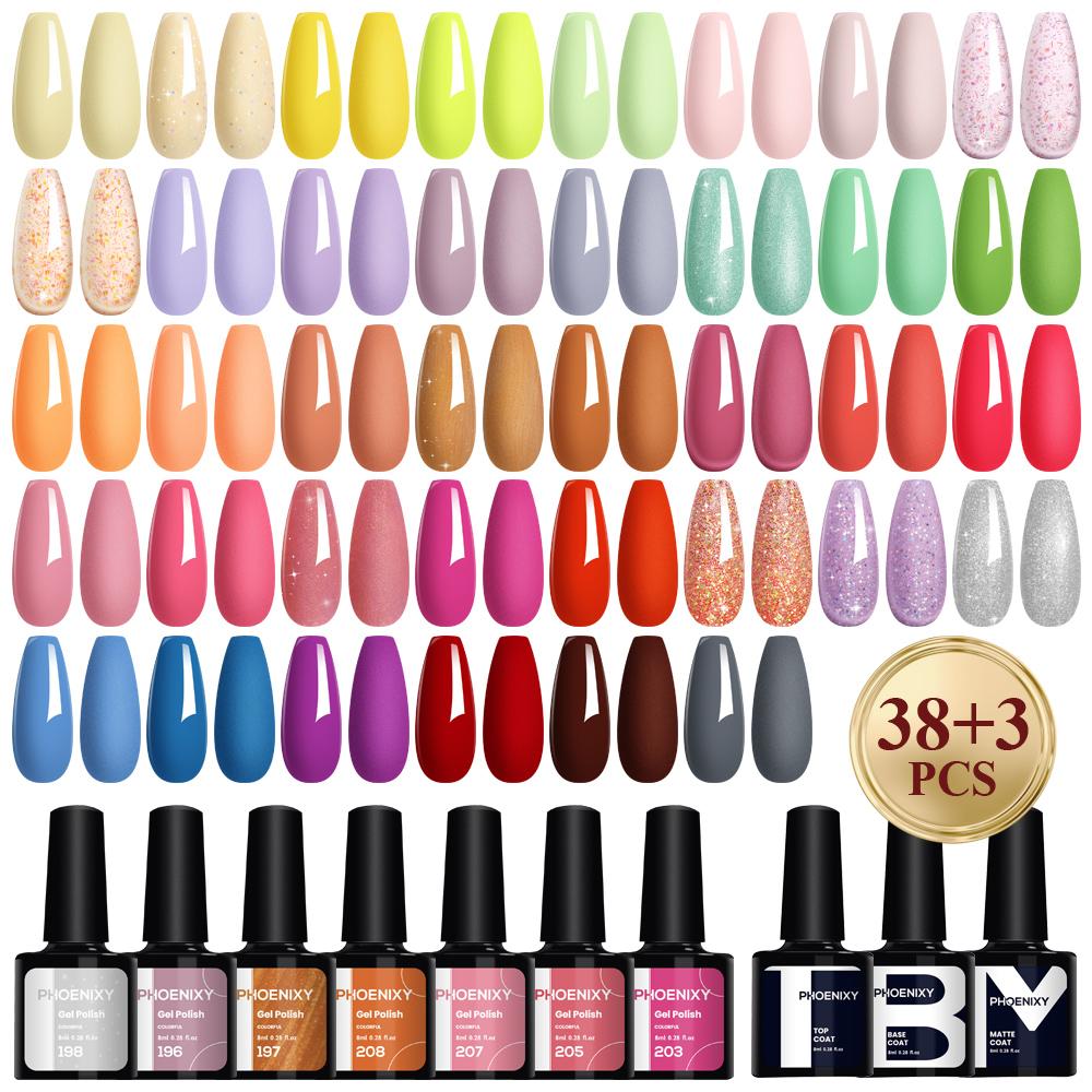 

PHOENIXY Набор гель-лаков для ногтей из 38 штук с базовым и глянцевым/матовым топовым покрытием, гель-лак для замачивания, подходящий для всех сезонов, подарочный набор гель-лаков