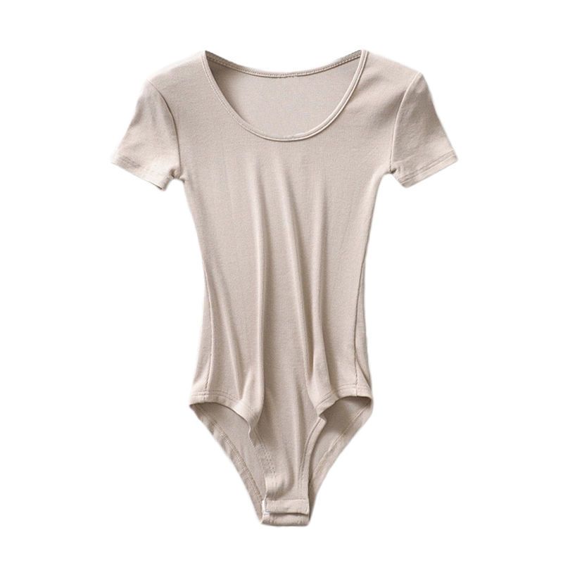 

Elastic Silm Low round Neck Short Sleeve Tops Summer Easiest for Match Pure Desire Wind Fashion Thread Crotch One-Piece One-Piece T-shirt Meters apricot S