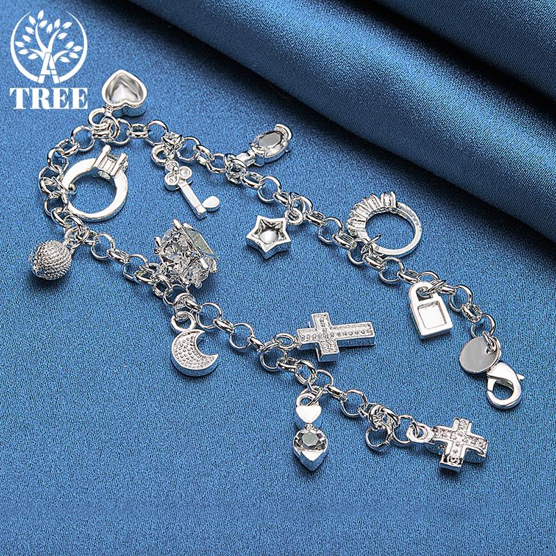 925 Sterling Silver Moon Heart Lock Cross Bracelet Jewelry