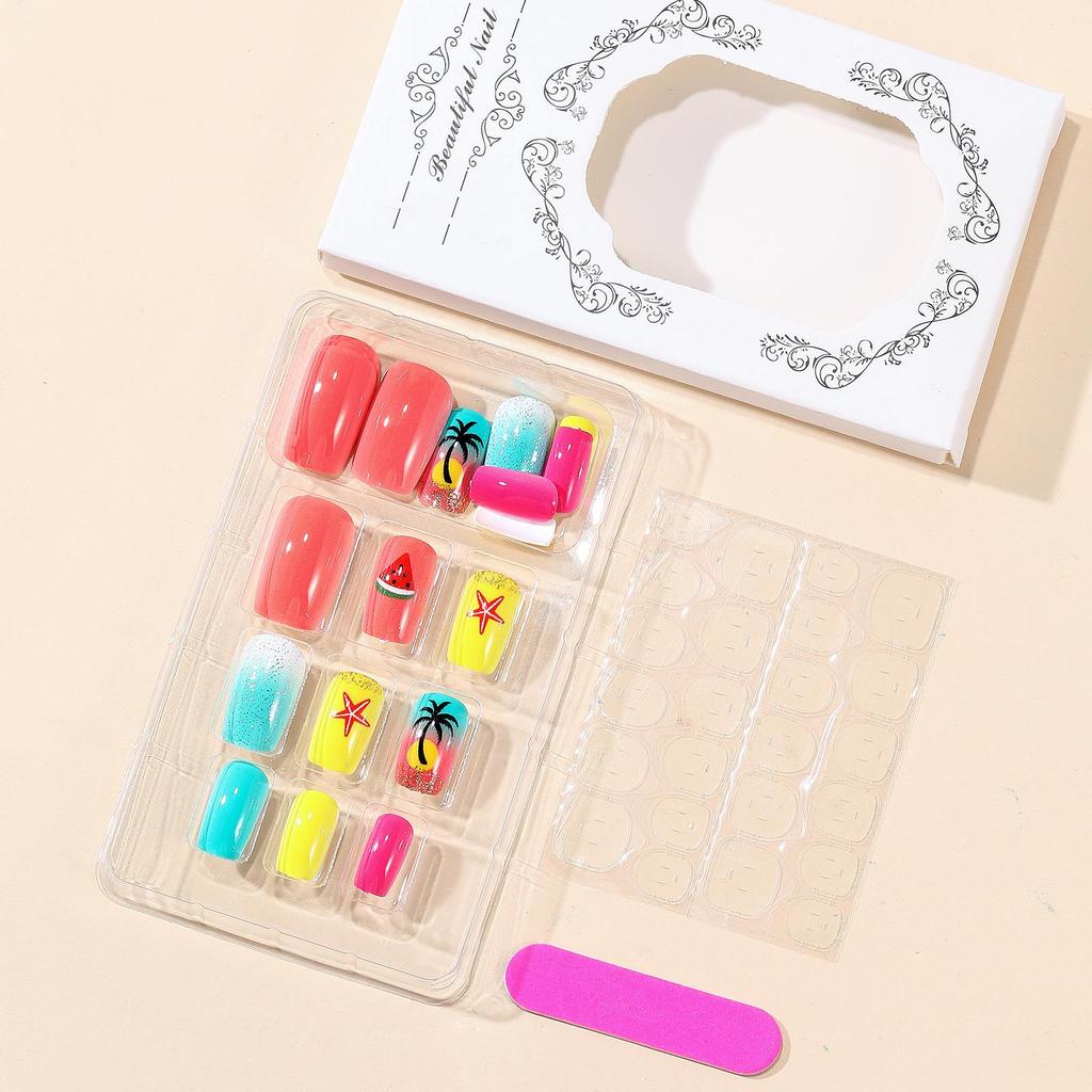 Square Glossy Sunset Beach Wearable Nails - 24 Detachable Pieces with Coconut Trees and Waves Design