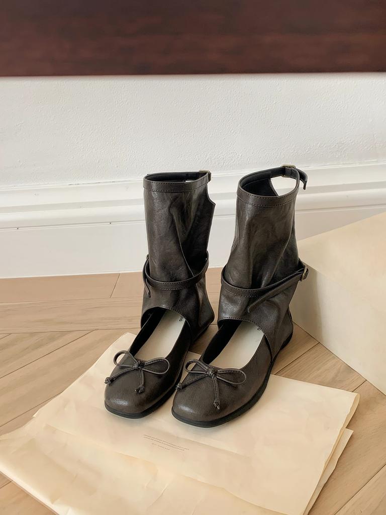 Spot Second Hair! Grape Mother Same Shoes Heightened Square Round Head Bow Shallow Mouth Mary Jane Medium Boots Cool Boots Women