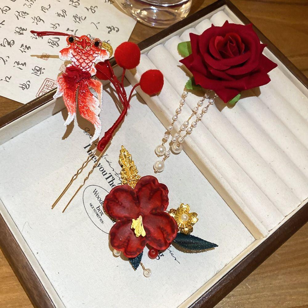 Retro Chinese Style Hair Stick Tassel Pearl Hanfu Hairpin Elegant Red Flower Hair Clip Girls