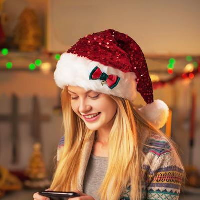 Sequined Santa Hat Glittery Christmas Hat with Bow Fluffy Pompom Unisex Fuzzy Xmas Hat for Christmas New Year Festive Parties