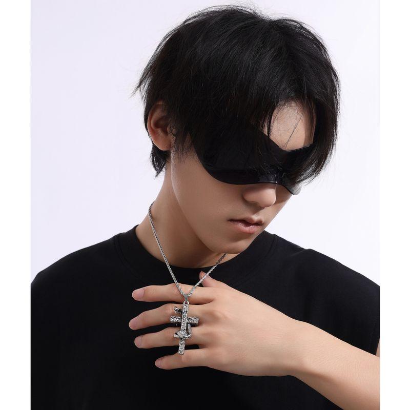 Vintage Ancient Snake Wrapped Cross Ins Retro Europe and America Rap Hip Hop Men and Women Clavicle Chain Stylish Titanium Steel Necklace