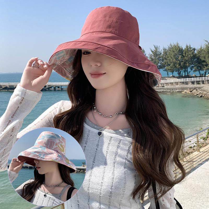 Double-sided fisherman's hat, children's outdoor sunscreen hat, European and American summer cotton large edge printing pot hat, casual sun hat
