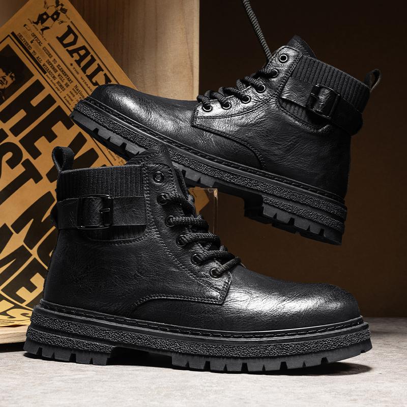 Fashion Autumn Leather Mid-top Shoes Fashion Male Ankle Boots Casual Outdoor Hiking Boots Sneakers Non-Slip Comfy Motocross Boots Botas