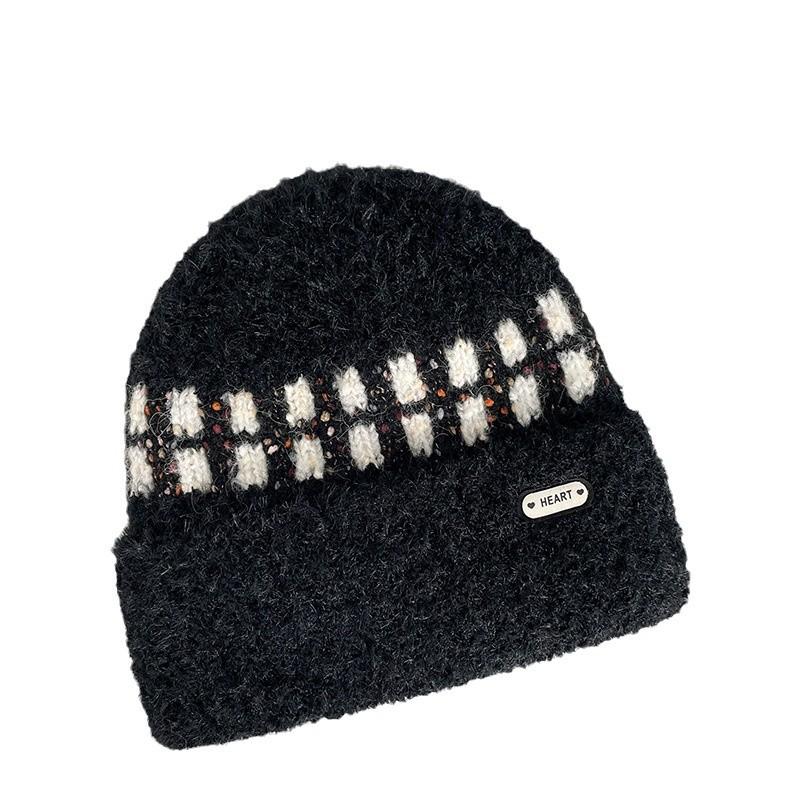 Plush Striped Knitted Hat for Women In Autumn and Winter New Korean Style Versatile Plus Velvet Thickened Warm Ear Protection Hat