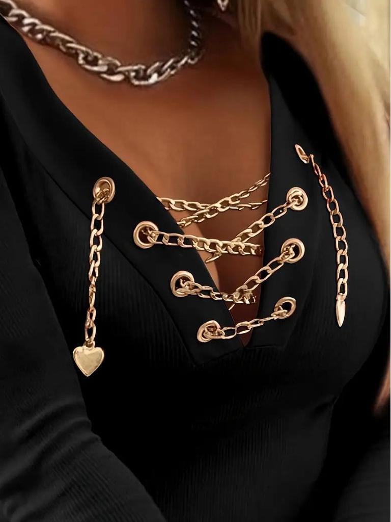 European Slim V-neck Chain Long Sleeve Women's Top - 2025 Collection