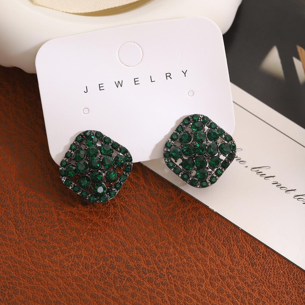 Super Flash Green Diamond-Set Stud Earrings Geometric Full Diamond Earrings Atmospheric Exaggeration Light Luxury Ear Buckles Women