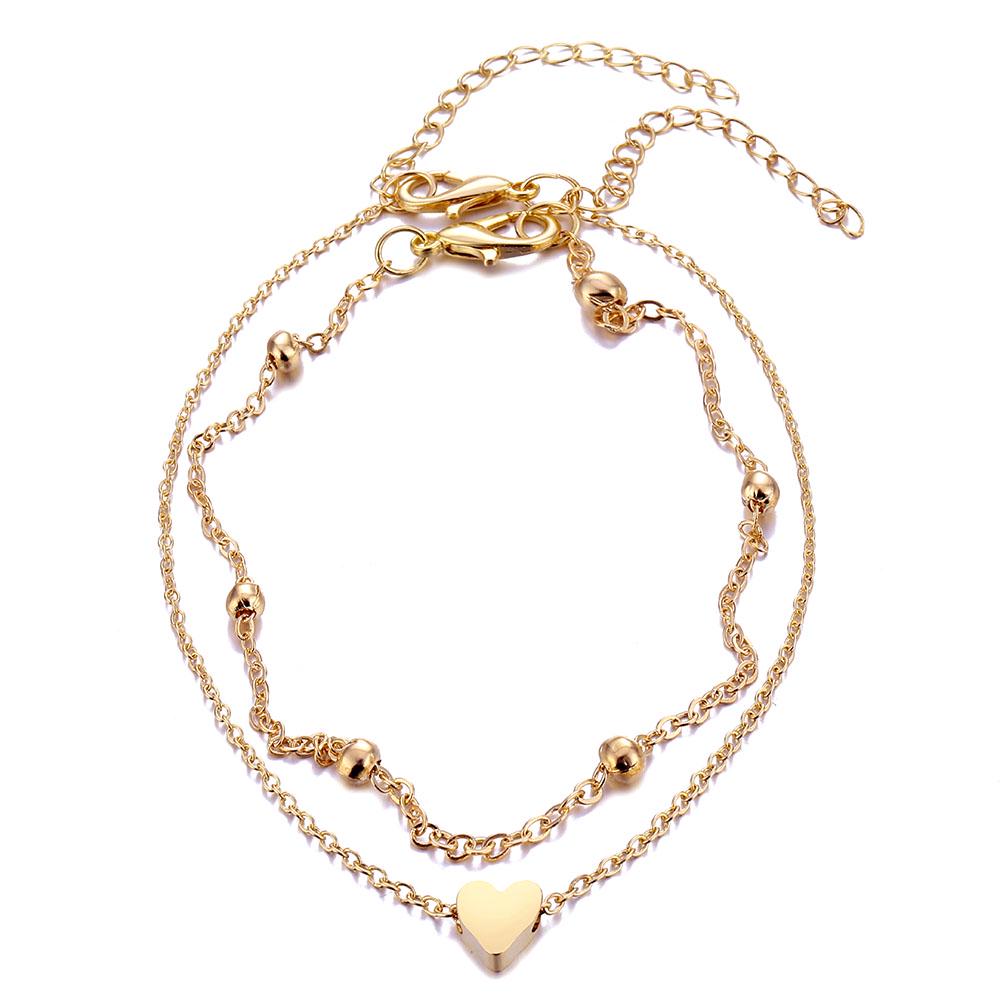 Summer Beach Golden Round Bead Foot Chain Simple Temperament Heart-shaped Anklet Multi-layer Thin Chain Woman
