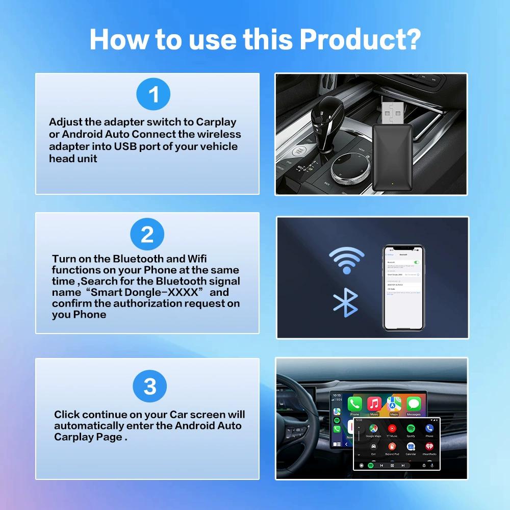 2 In 1 Wired To Wireless Carplay Adapter for IOS Android Wi-Fi 6 Bluetooth 5.4 Auto Smart USB Dongle Plug and Play Carplay Wireless Adapter