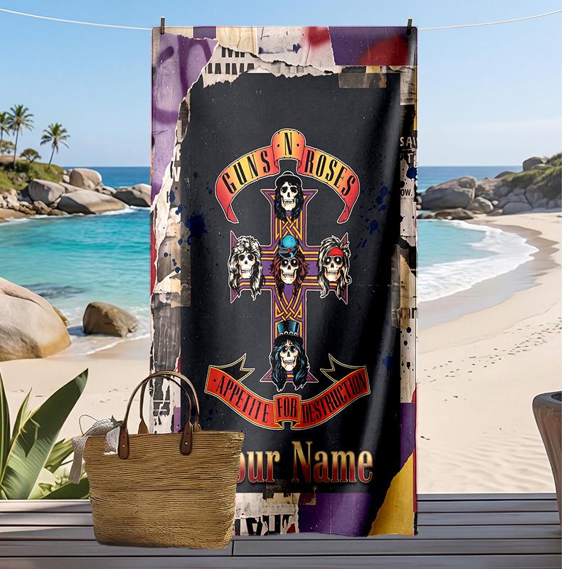 Asciugamano da Spiaggia Personalizzato Guns N’ Roses, Stampa il Tuo Nome Testo Asciugamano Leggero Assorbente per Nuoto Viaggio