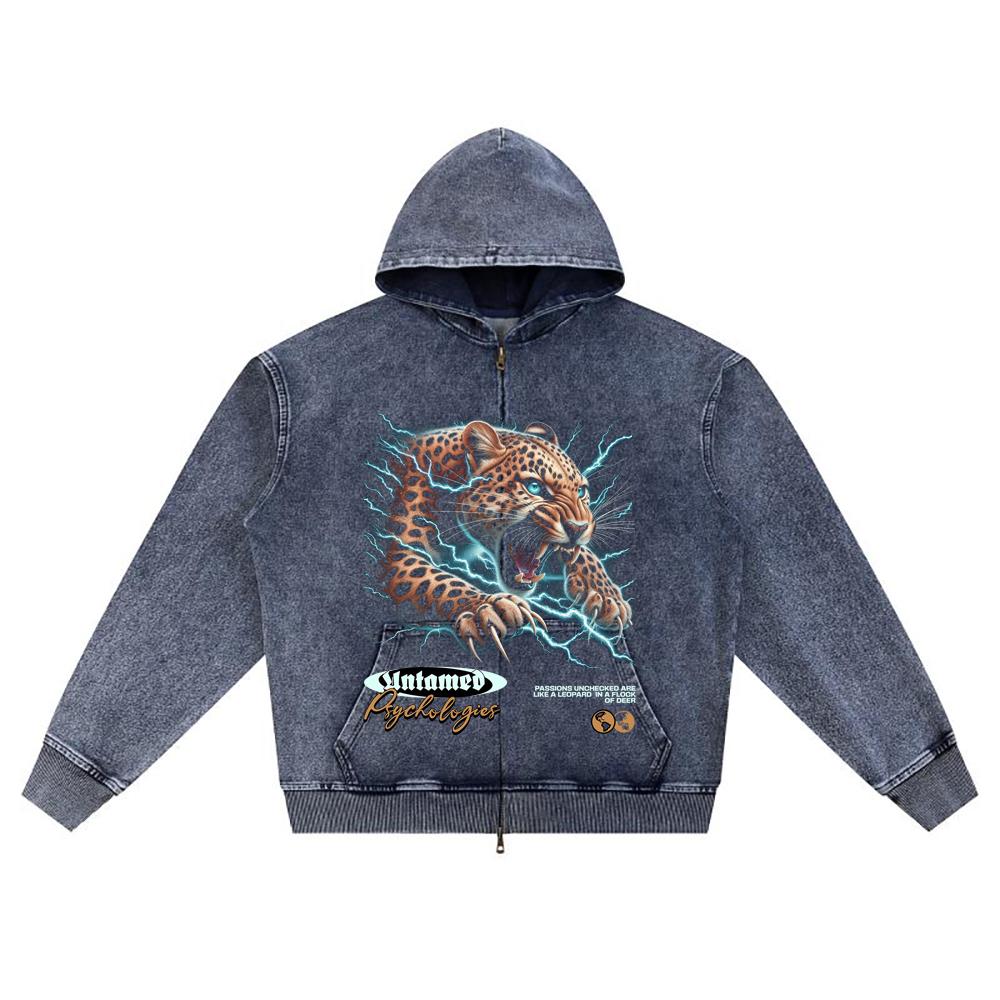 

DTG print Knitted Denim Zip-Up Hoodie Leopard Graphic Brother Print Zipper Hoodies XL темно-синий
