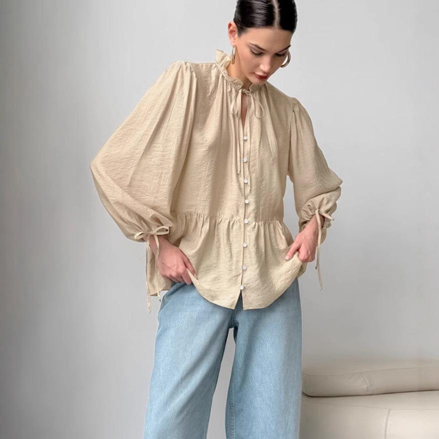 French wrinkle loose small stand-up collar bubble sleeve women's shirt 1116 European and American autumn and winter fashion new top