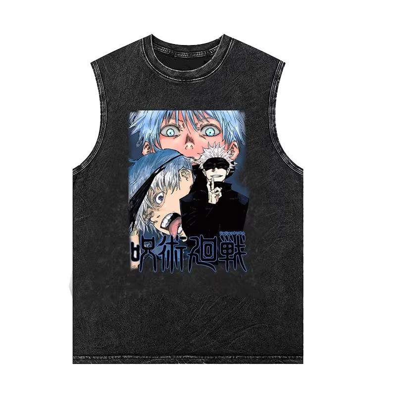 Men's Gym Vest Gojo Satoru Printed Washed Vintage Tank Tops Women's Casual Sleeveless Shirt Y2k Clothes Streetwear Anime