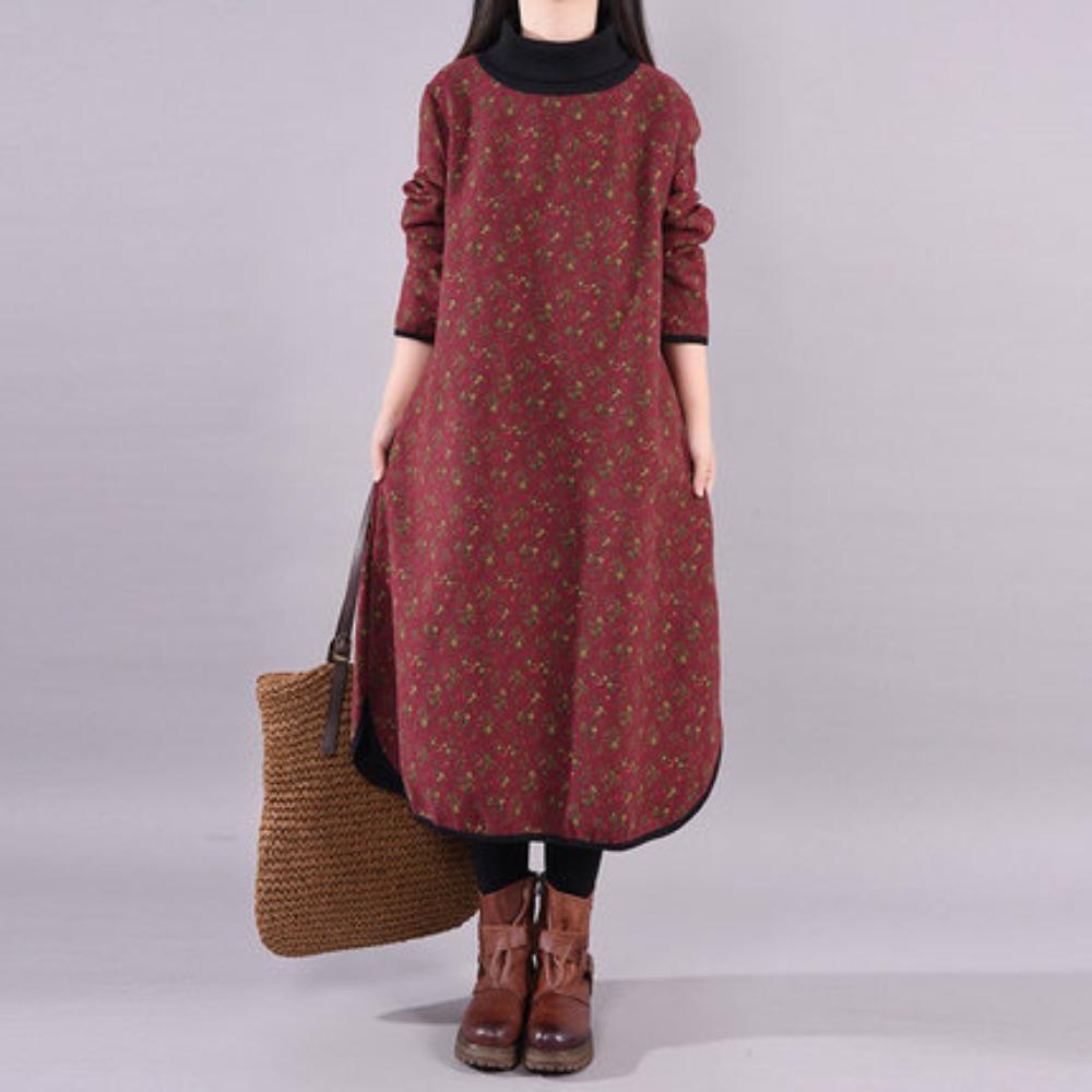 

Свободное женское платье с высоким воротником, цветочным принтом, из хлопка и льна M бордовый