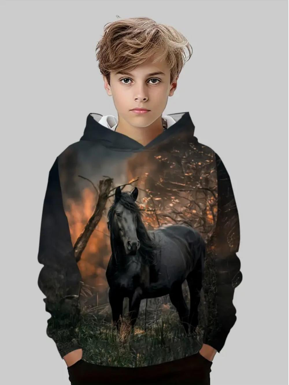 

2025 Новая детская толстовка Модный принт с лошадью 3D Принты Топы Осенний комфорт Толстовка с длинным рукавом Крутая детская одежда Мальчик 11-12Y