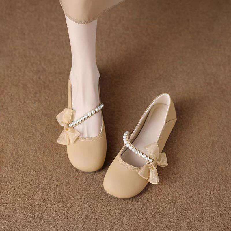 

French Mary Jane pearl shoes women s 2025 summer new soft-soled beanie shoes evening evening breeze flat bottom with skirt single shoes 35 хаки