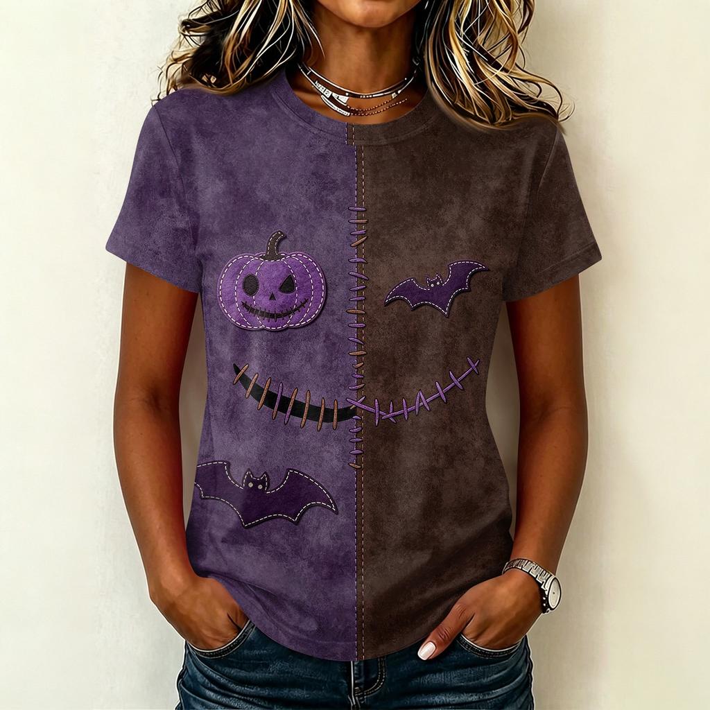 Women Casual Short Sleeve Pullover T Shirt Halloween Print Top Crew Neck Stitch Design Lightweight Soft Fabric Relaxed Fit