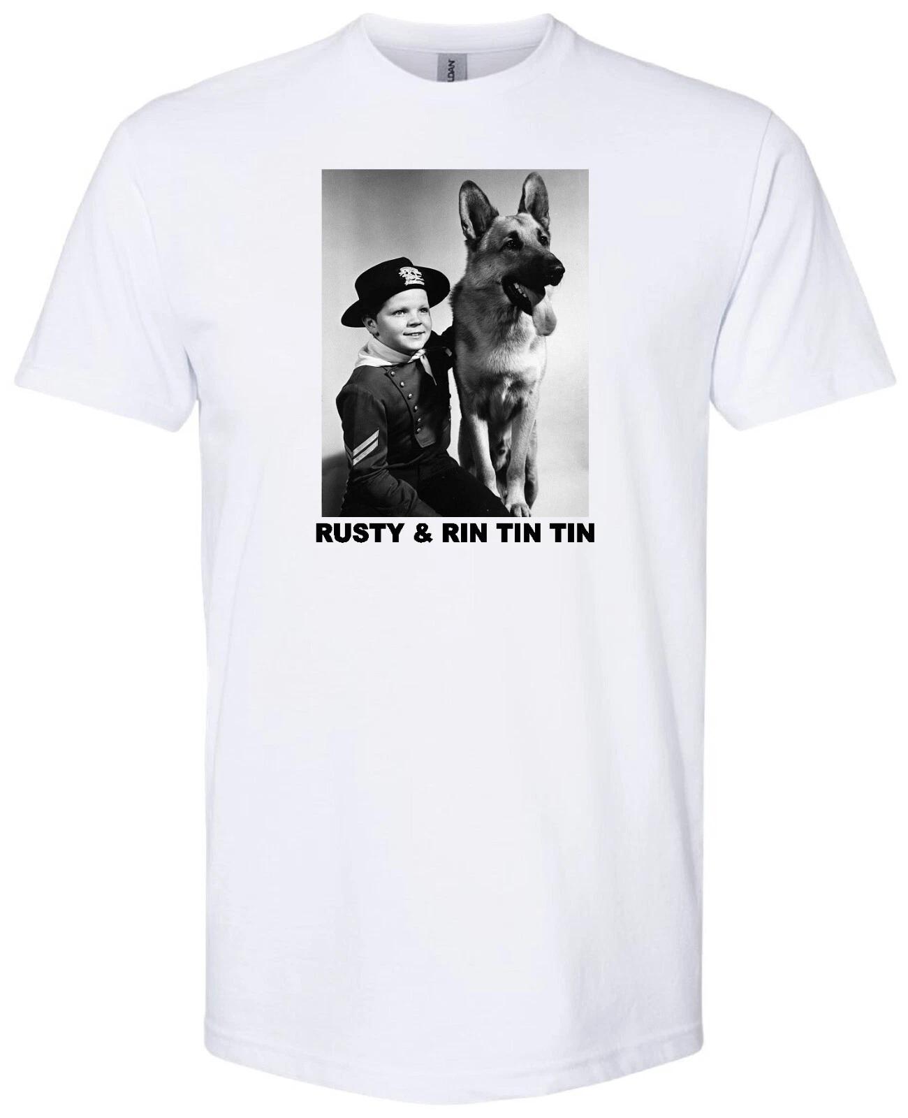 RIN TIN TIN & RUSTY RETRO 1950 S TV GERMAN SHEPHERD WHITE T-shirt S