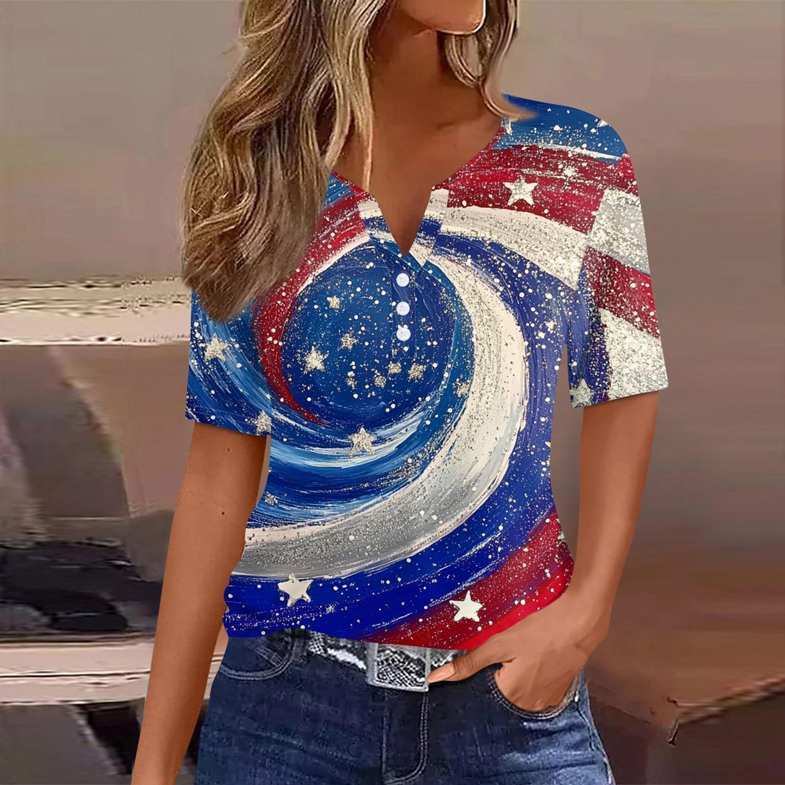 

Женская футболка с принтом «День независимости» на пуговицах с коротким рукавом, туника, повседневная мода на выходные, базовый топ с V-образным вырезом M