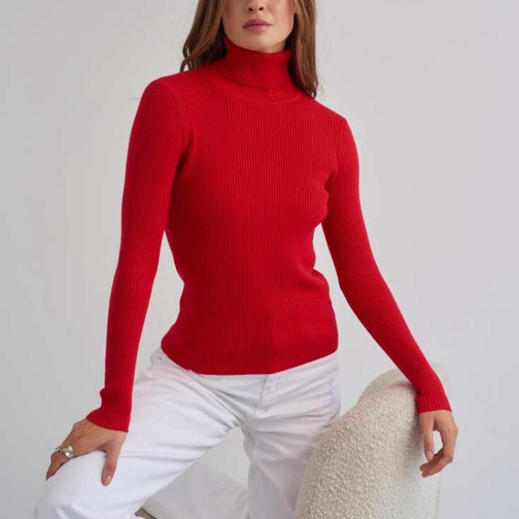 Women Autumn Winter Slim High Neck Knitted Sweater Long Sleeve Solid Color All Match Base