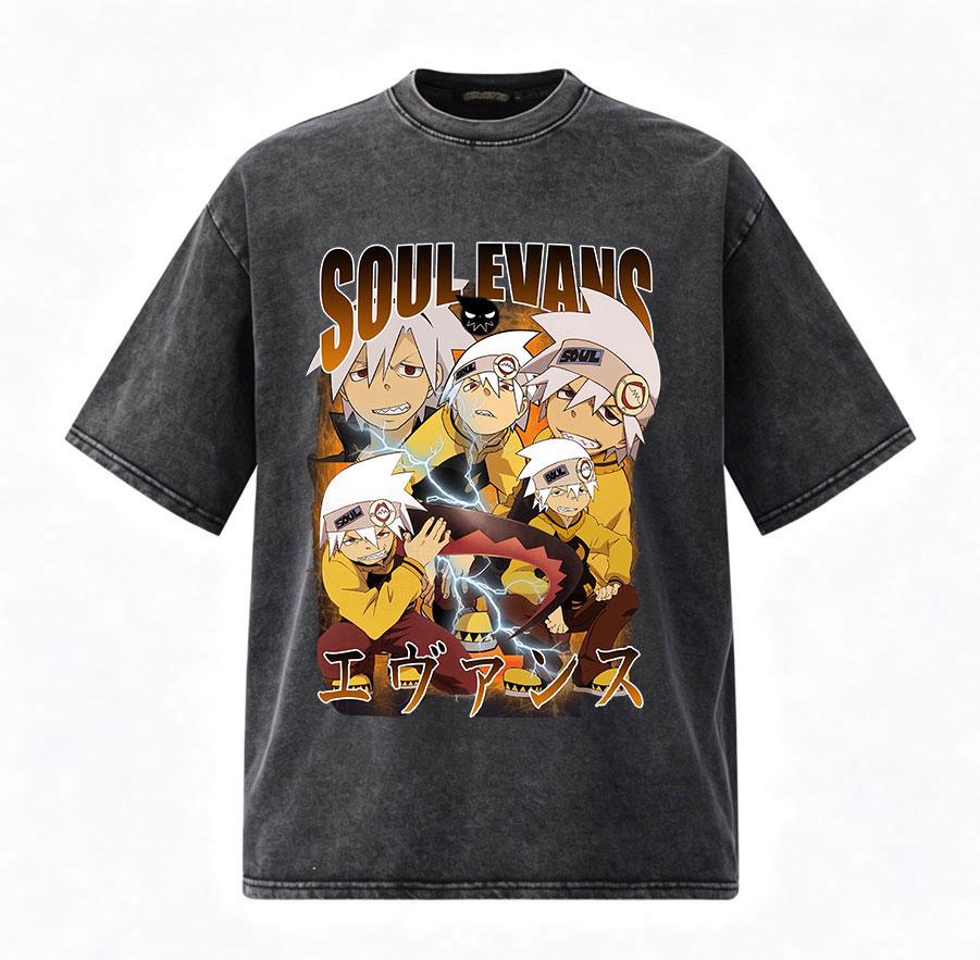 Vintage Washed Anime Soul Eater Soul Evans Graphic T Shirts Men Women Clothing Fashion T-shirt Cotton Short Sleeve T-shirts Tops S