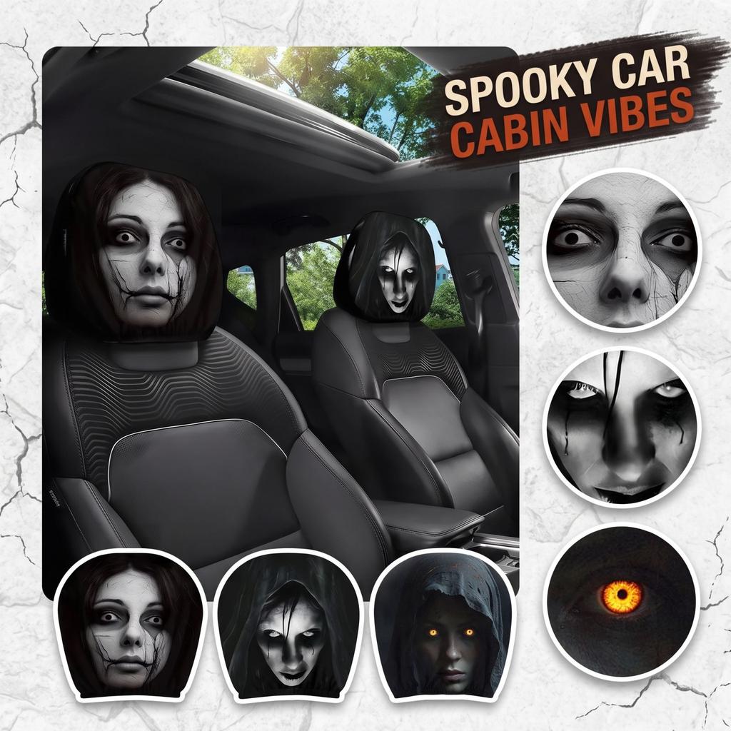 Halloweenový obojstranne potlačený poťah na opierku hlavy do auta - 2 kusy, Strašidelný dizajn pre auto