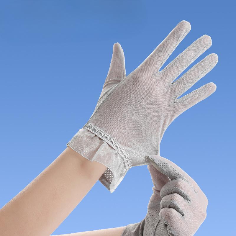 Spitzen-Sonnenhandschuhe für Damen im Sommer für Outdoor-Fahrten und Autofahren Eisseide Anti-Rutsch Dünner Stil Anti-UV Touchscreen Vollfinger