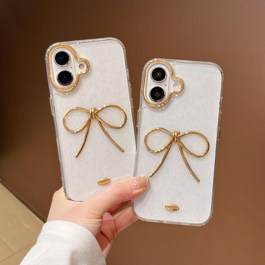 For iPhone 16 Plus Case Gold Bow Epoxy Design TPU + PC Phone Back Cover
