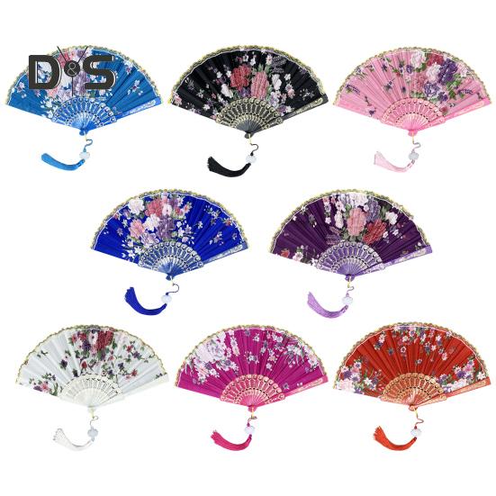 Chinese Style Flower Folding Fan with Tassels Portable Summer Hand Held Cooling Fan Decoration Dance Performance Props Party Costume Accessories