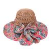 Fashion Sun Hat For Women Holiday Beach Straw Hat Female Hollow Printed Bow Summer Big Brim Hat Fold Uv Protection Floppy Hat