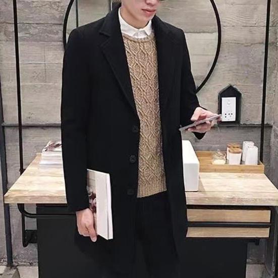 Men Fall Winter Coat Solid Color Lapel Mid Length Long Sleeve Cardigan Single-breasted Anti-wrinkle Business Formal Style Coat