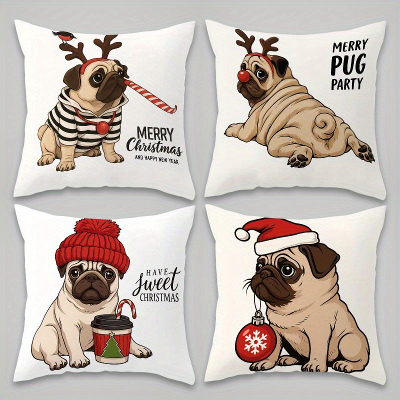 

4pcs Festive Pug Christmas Party Favor Cushion Covers for Holiday Celebration Small Gift Decor 45cmx45cm