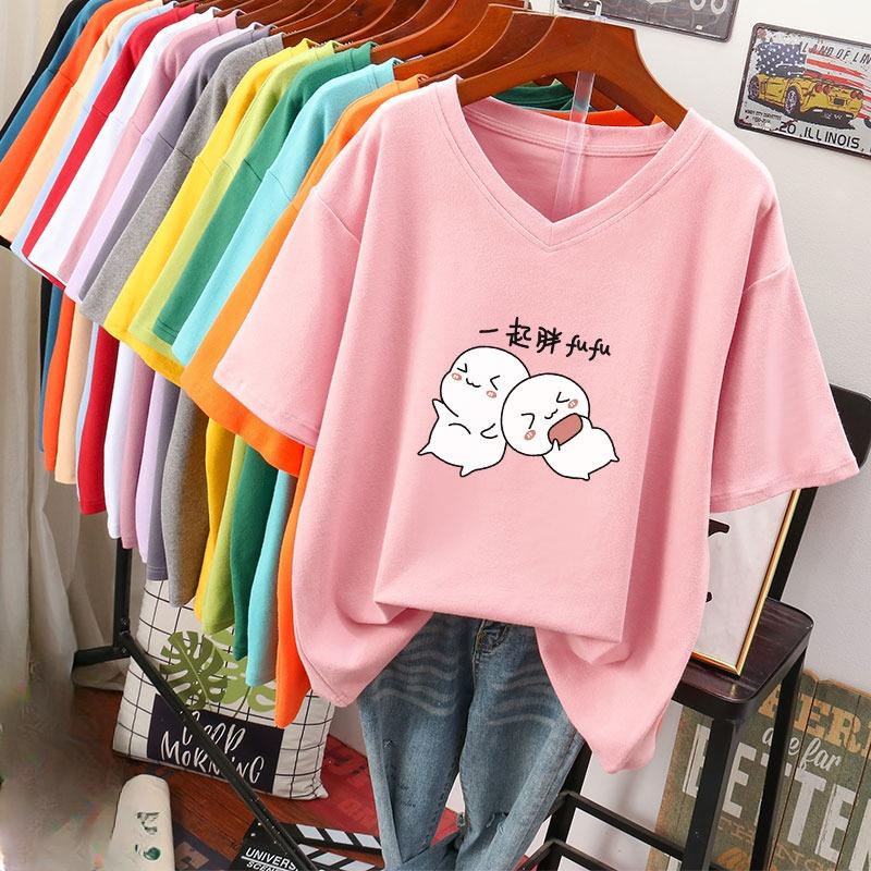 Camiseta de manga curta, Solta, Top V-neck Estampado Emagrecedor para Mulheres