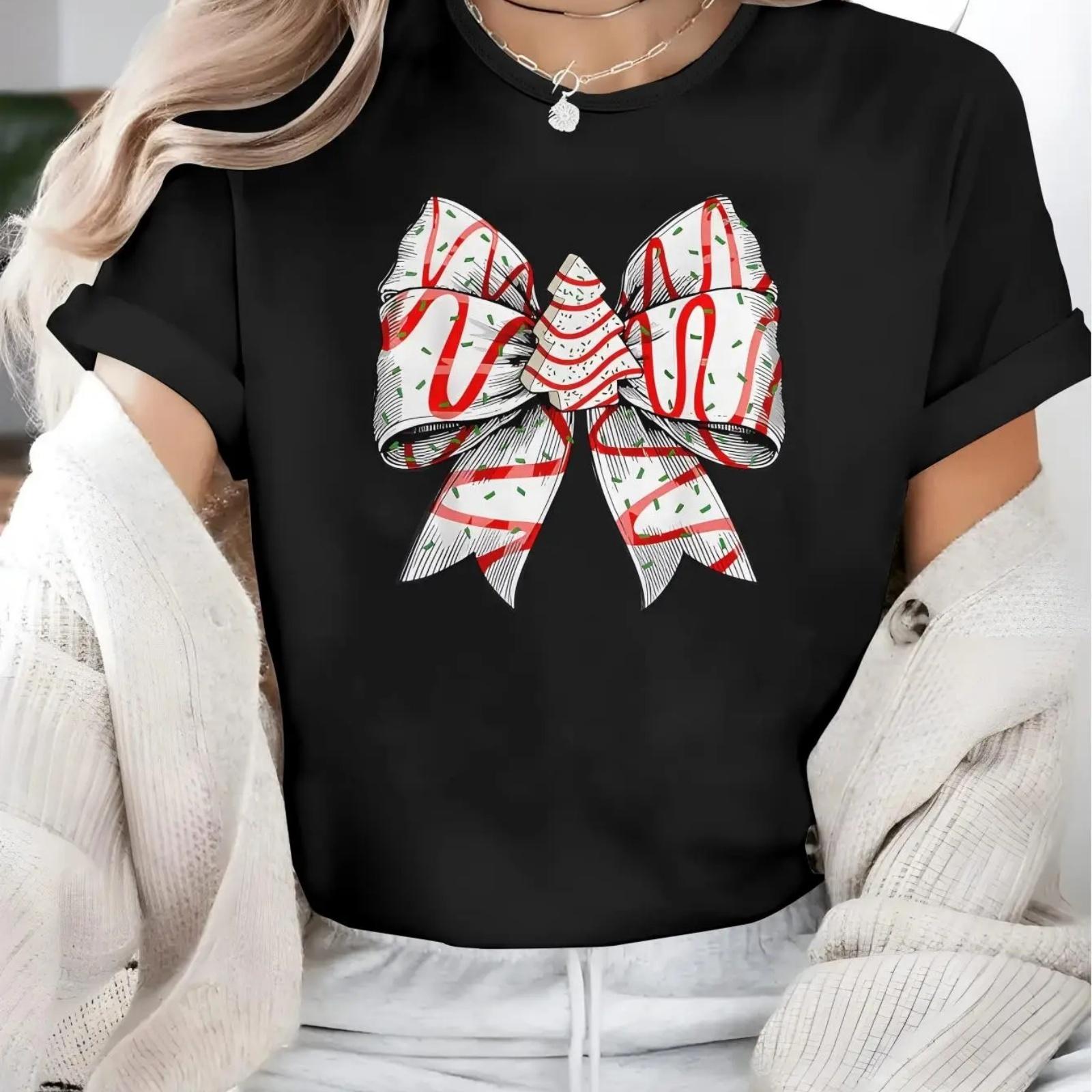 Chic Coquette Bow Christmas Tree Graphic Tee - Casual Crew Neck Short Sleeve Top for Women, 100% cotton S