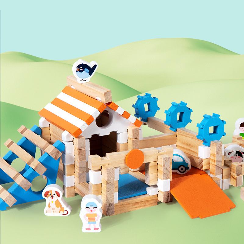 

Children s wooden Luban tenon and mortise colorful scenes build wood houses parent-child interactive games educational toys