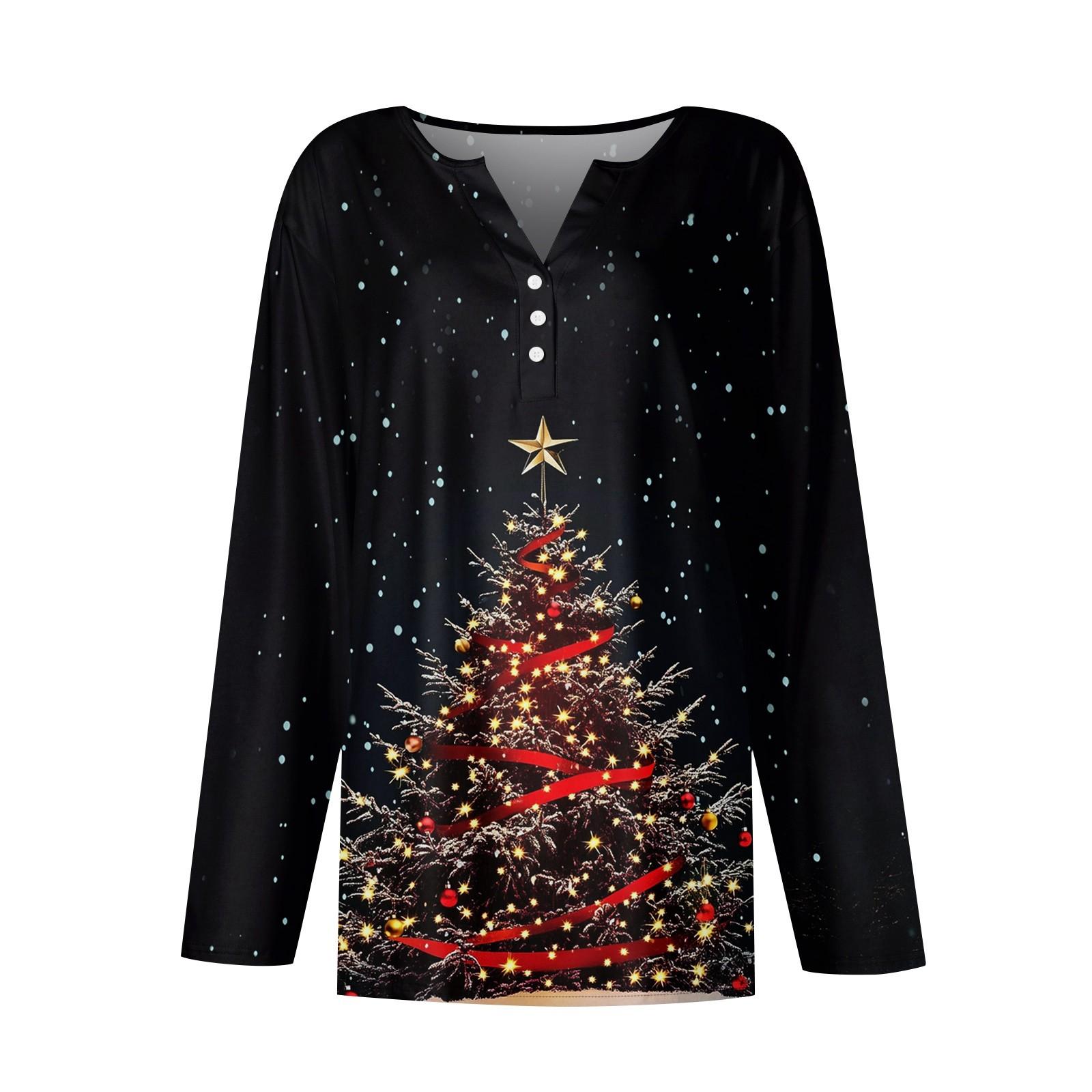 Женская футболка с рождественским принтом на пуговицах с длинным рукавом — фото 4