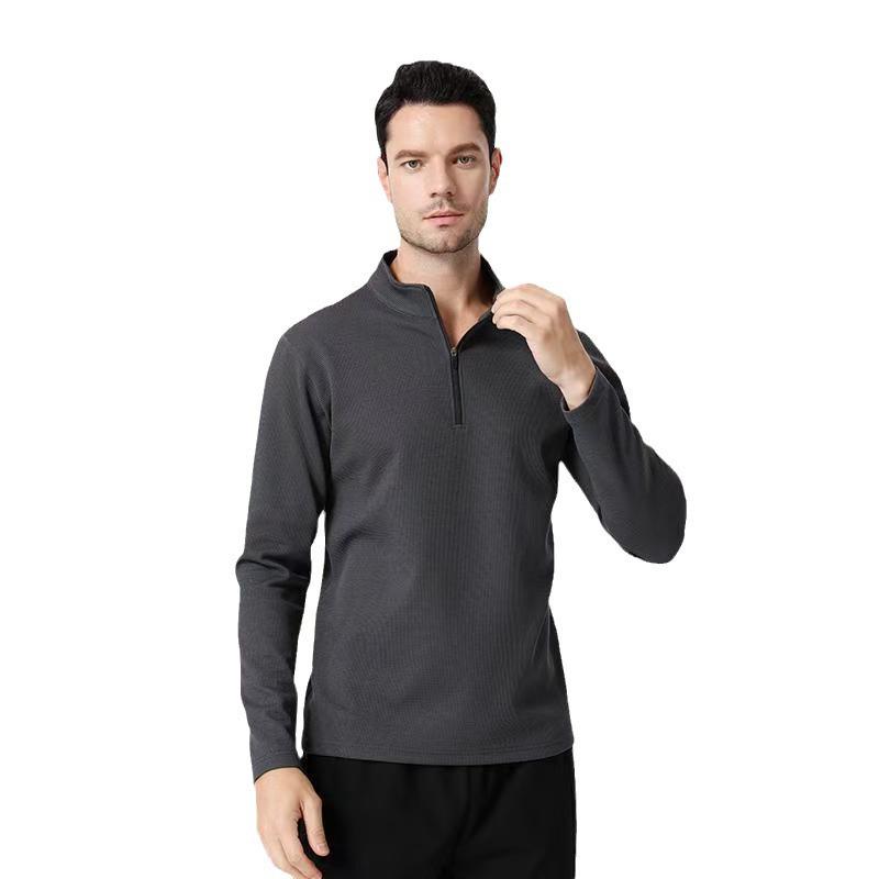 Men's Long Sleeve Half-Zip Sports Tee - Solid Color Stand Collar for Running and Fitness