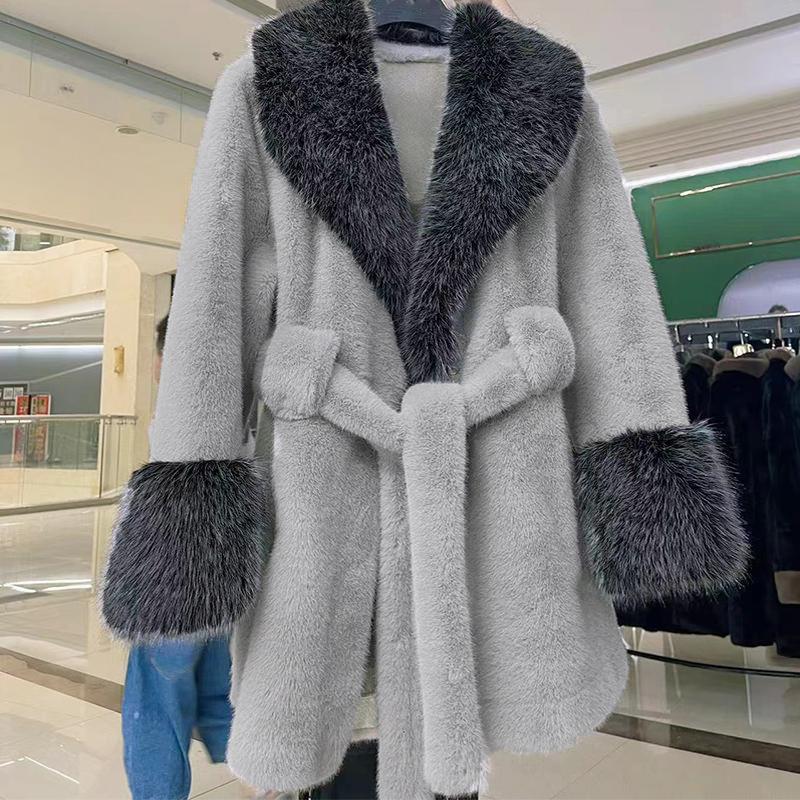 Solid Color Mid Length Artificial Fur Coat Women Winter Faux Fox Big Fur Collar Long Sleeve Parkas Fashion Outwear