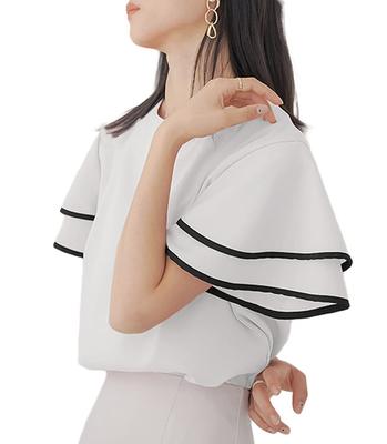 [Aika] Pullover Blouse – Lightweight Frill Sleeve Blouse, Short Sleeve Top for Women, Size M, White