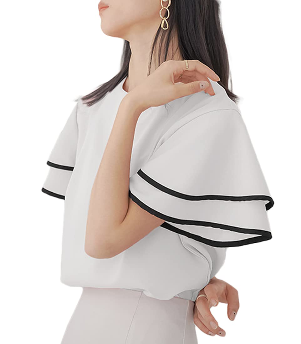 

[Aika] Pullover Blouse – Lightweight Frill Sleeve Blouse, Short Sleeve Top for Women, Size M, White белый