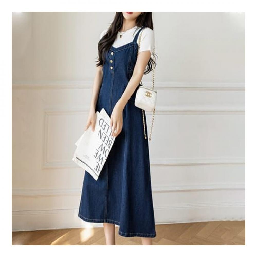 Navava Women Denim Long Dress With Back Ribbon No273