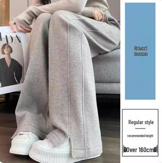 

Women s Herringbone Tweed Wide-Leg Pants - Autumn/Winter Casual Straight-Leg with Slit. 3XL